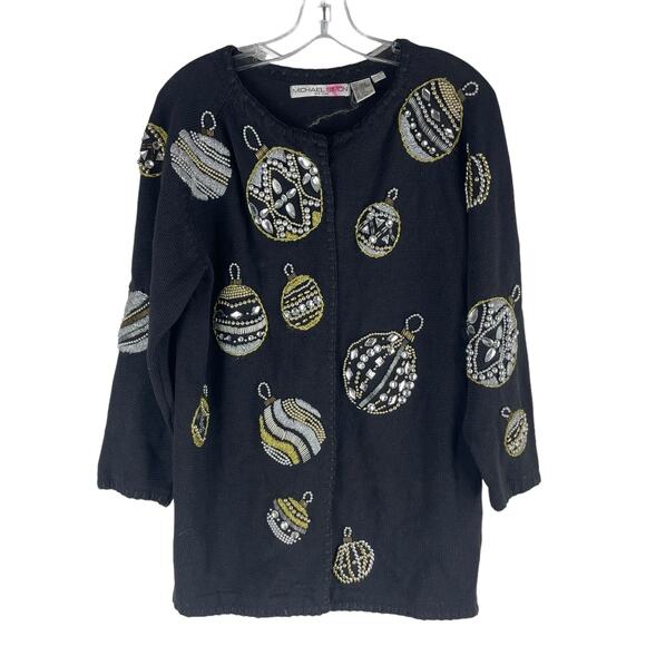 Michael Simon 1991 Christmas Ornaments Cardigan Black Ugly Sweater Size M - Picture 1 of 9